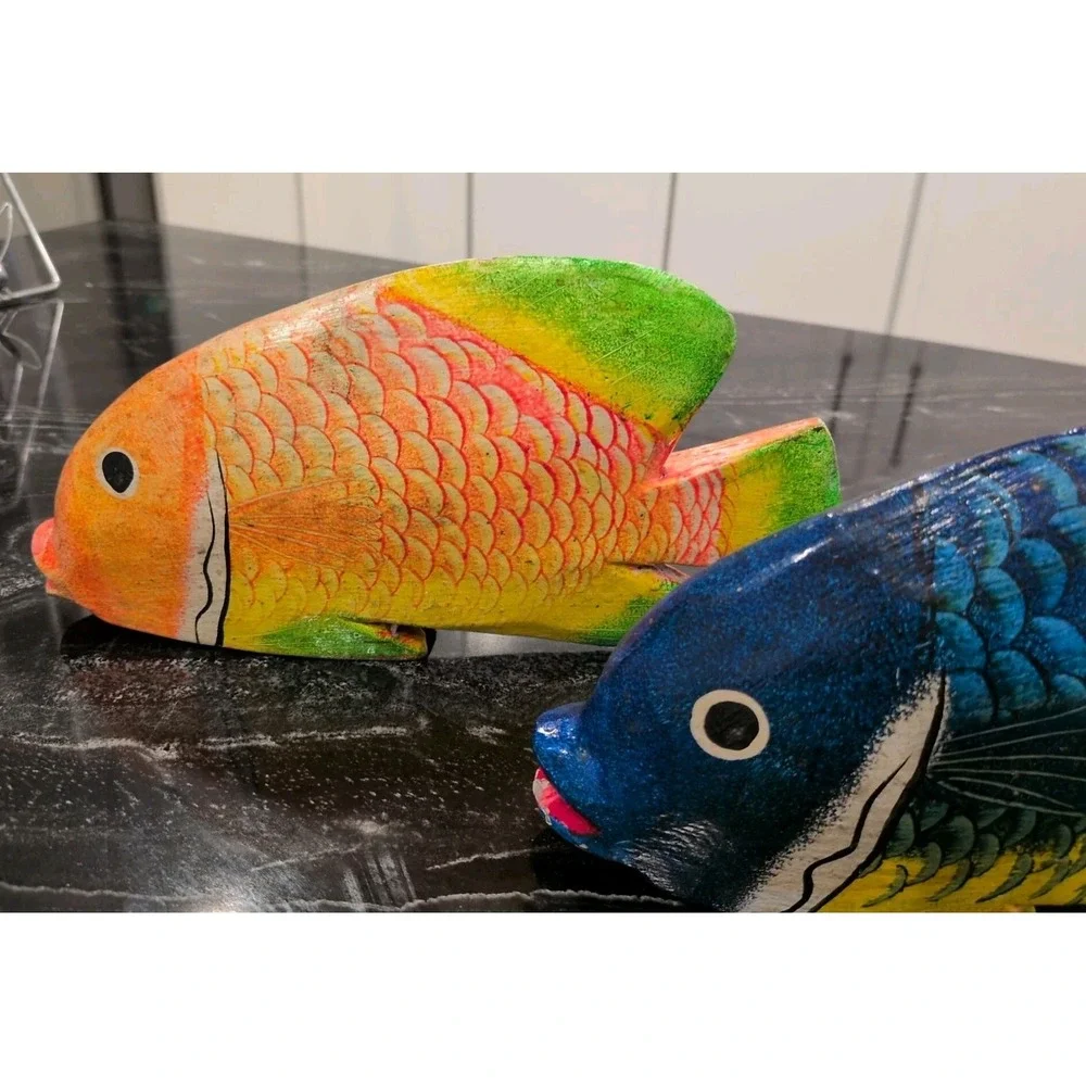 VTG Dominican Republic Hand Carved Wood Fish Figurines Set 2 Tropical Blue 10
